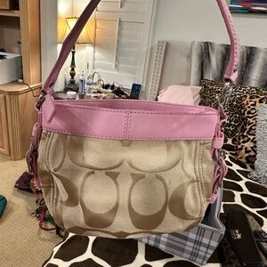 Pink and Tan Designer Shoulder Bag